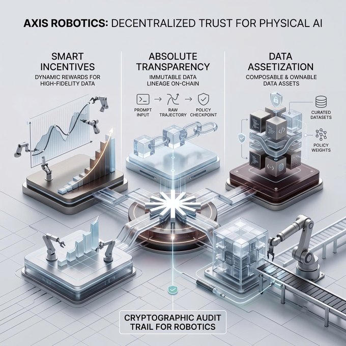 An infographic titled 'AXIS ROBOTICS: DECENTRALIZED TRUST FOR PHYSICAL AI' illustrating three pillars: Smart Incentives, Absolute Transparency, and Data Assetization, connected by a cryptographic audit trail.