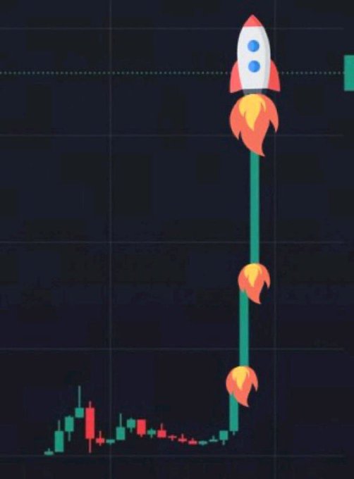 A stock chart showing a dramatic vertical price surge, illustrated with a cartoon rocket launching upward with flames trailing behind it.