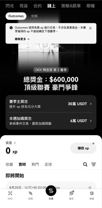A mobile app screenshot of OKX in Chinese, displaying an 'Outcomes' event titled 'OKX 預言家 第2賽季' with a total prize pool of $600,000 and prize details showing 30万 USDT and 6万 USDT rewards.