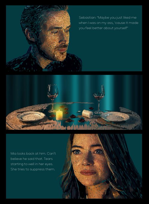 A comic-style three-panel illustration depicting a tense dinner conversation: a man named Sebastian says, 'Maybe you just liked me when I was on my ass, 'cause it made you feel better about yourself,' followed by a shot of a candlelit dinner table for two, and finally a woman named Mia with tears welling in her eyes.