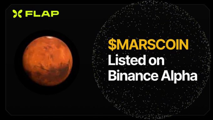 An XFLAP promotional graphic announces "$MARSCOIN Listed on Binance Alpha," featuring an image of Mars alongside a stylized network/chain visualization, supporting the post's claim about Marscoin's listing on Binance Alpha and the renewed activity on the BNB Chain ecosystem.