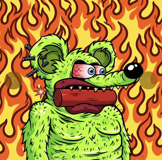 This image features a green, Frankenstein-like rat with a stick of dynamite in its mouth, set against a backdrop of flames, likely representing the chaotic and explosive "CHAD phase" of the August 3rd minting event.
