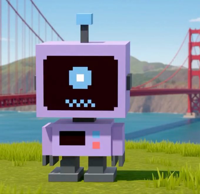 A blocky purple robot with a single blue eye stands in front of the Golden Gate Bridge and green grass.