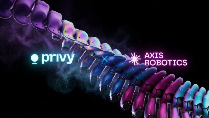 A promotional graphic showing the logos for 'privy' and 'AXIS ROBOTICS' overlaid on a colorful, segmented robotic spine against a dark background.