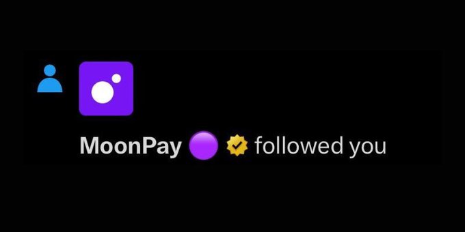 A notification showing that MoonPay (with a verified checkmark) followed you on what appears to be a social media platform.