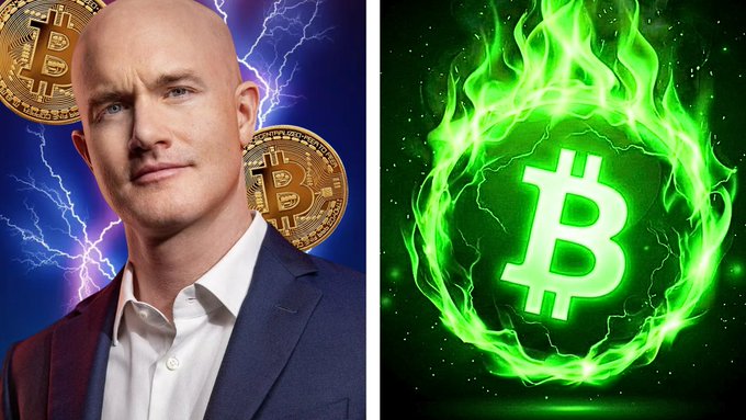 The image features Brian Armstrong, CEO of Coinbase, on the left side with Bitcoin logos against a blue lightning background, paired with a fiery green Bitcoin symbol on the right, visually reinforcing his bold $300K–$400K Bitcoin price prediction for 2030.