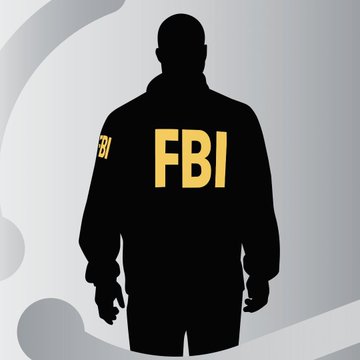 A black silhouette of a person wearing an FBI jacket with bold yellow 'FBI' lettering across the back and a smaller patch on the sleeve, set against a gray background.