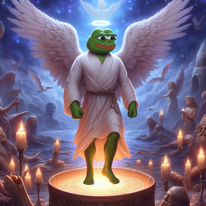A Pepe the Frog character depicted as an angel with white robes, large feathered wings, a halo, and a dove, standing on a pedestal surrounded by candles in a heavenly setting.