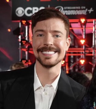 A smiling man with a mustache, dressed in a black suit and white shirt, stands in front of a backdrop featuring the CBS logo and "Streaming on Paramount+" text. The image is paired with a post promoting the $BEAST crypto presale, allegedly associated with MrBeast, using his likeness to lend credibility to the promotional announcement.