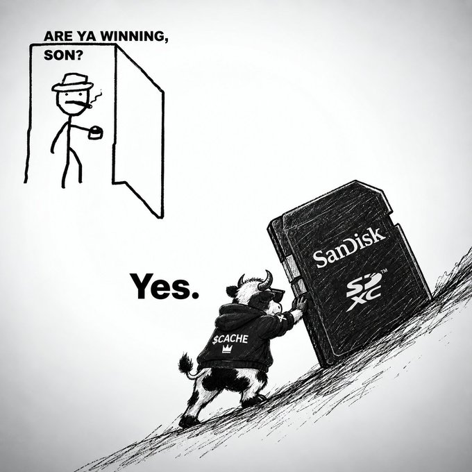 The image is a parody of the "Are ya winning, son?" meme, featuring a stick figure dad at a doorway asking the question while his "son"—a bull labeled "$CACHE" wearing sunglasses—pushes a massive SanDisk SD card up a hill and responds "Yes." The imagery symbolizes the user's persistent effort and optimism in the RWA ($CACHE) experiment, humorously framing the ongoing struggle as a triumphant grind toward success.