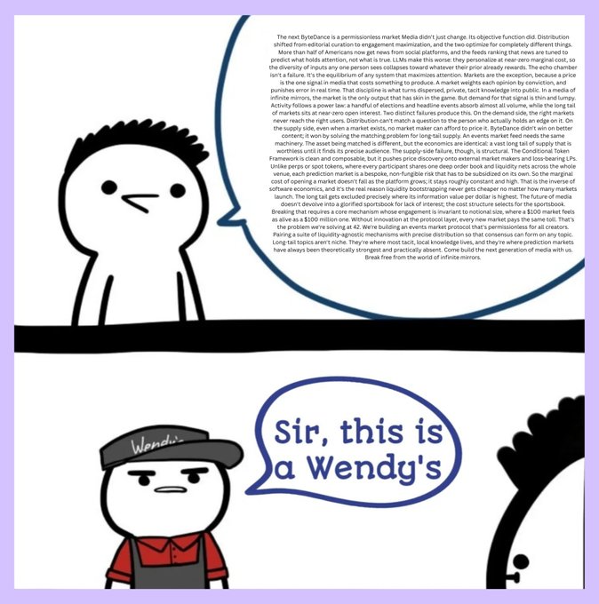 A two-panel comic meme shows a figure with a speech bubble containing a lengthy, dense excerpt about ByteDance and market dynamics, followed by a Wendy’s-style character replying "Sir, this is a Wendy's," fitting the post's humorous tone approved by "Wen."