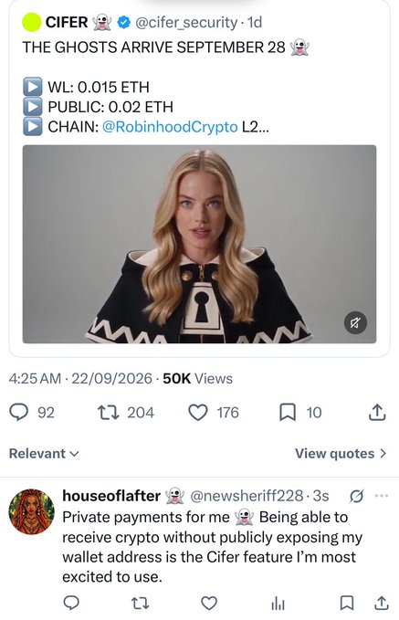 A tweet from @cifer_security announces a "Ghosts" NFT mint on September 28 with WL pricing at 0.015 ETH and public at 0.02 ETH on RobinhoodCrypto L2, accompanied by an image of a blonde woman in a patterned poncho. Below, @newsheriff222 responds as "houseoflafter" expressing excitement about Cifer's private payment feature that hides wallet addresses.