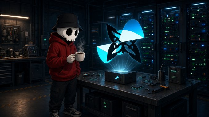 A stylized digital illustration shows a skull-faced character in a red hoodie and black bucket hat holding a steaming mug, standing at a workbench with a glowing blue butterfly-like holographic projection hovering above a device.