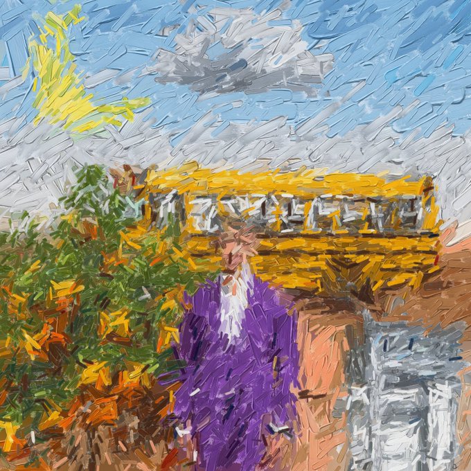 An impressionistic oil painting depicts a figure in a purple garment standing near a yellow building or fence, with a green leafy tree and cloudy sky in the background, rendered with thick, textured brushstrokes.