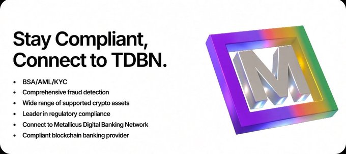 An advertisement stating 'Stay Compliant, Connect to TDBN' listing features such as BSA/AML/KYC, fraud detection, and regulatory compliance alongside a colorful 3D 'M' logo.