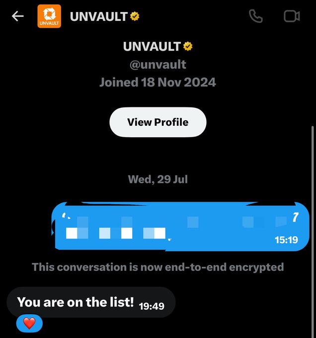A screenshot of a WhatsApp chat with verified user "UNVAULT" (@unvault), joined 18 Nov 2024, shows an end-to-end encrypted conversation confirming "You are on the list!" at 19:49, indicating successful registration for their free mint.