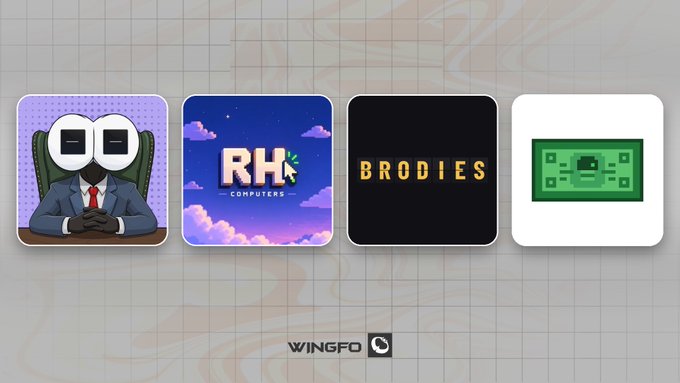 The image displays four NFT project logos arranged horizontally: "Fomies" (character in a suit), "RH Computers" (cloud-themed logo), "Brodies" (text on black), and a green microchip graphic, all set against a marbled background with the "WINGFO" watermark at the bottom, representing various open NFT waitlists mentioned in the post.