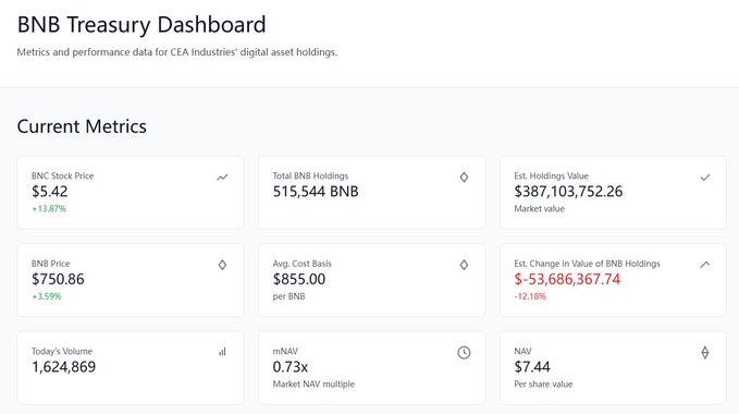 A BNB Treasury Dashboard showing current metrics including a BNB stock price of $5.42, total holdings of 515,544 BNB, and an estimated holdings value of $387,103,752.26.