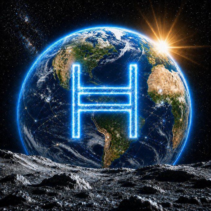 A digitally rendered image showing Earth viewed from a lunar surface, with a glowing blue Hedgehog (H) cryptocurrency logo superimposed over the planet and a bright sun flare on the horizon.