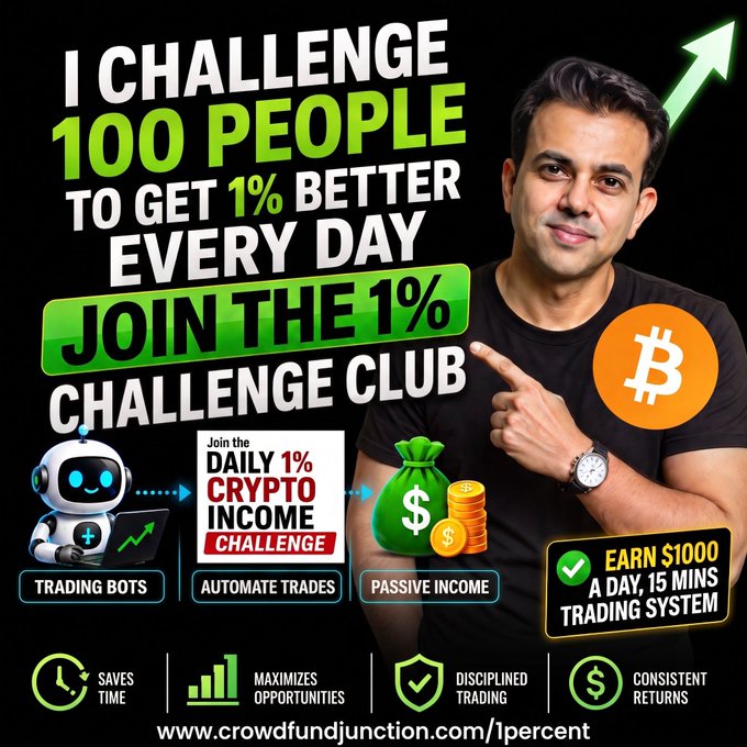 A promotional graphic titled 'I CHALLENGE 100 PEOPLE TO GET 1% BETTER EVERY DAY' and 'JOIN THE 1% CHALLENGE CLUB' for 'DAILY 1% CRYPTO INCOME CHALLENGE', featuring a man and the URL 'www.crowdfundjunction.com/1percent'.