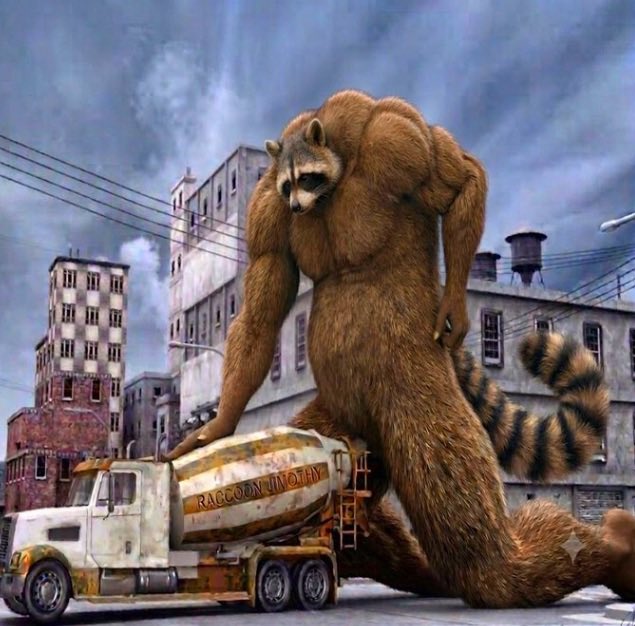 A colossal raccoon towers over a city street, pressing down on a tanker truck labeled "RAGCOON JIMOTHY" — a vivid meme-style illustration referencing the $JIMOTHY token, symbolizing the coin's massive, almost mythical resurgence being pushed back into the spotlight.