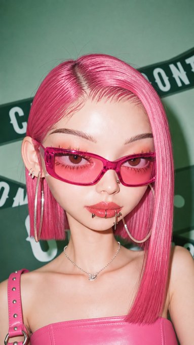 A stylized portrait shows a woman with vibrant pink hair, pink-tinted sunglasses, and a lip piercing wearing a pink top, standing against a green background with partial white text reading "CONT," "DA," and "CA." The bold pink aesthetic and confident pose align with the optimistic "gm frens" greeting, projecting a bold, energetic vibe for the trading week ahead.