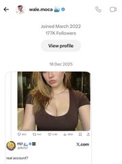 A screenshot of an X (Twitter) post from 'wale.moca' dated 18 Dec. 2025, showing an image of a woman with the caption 'real account?'