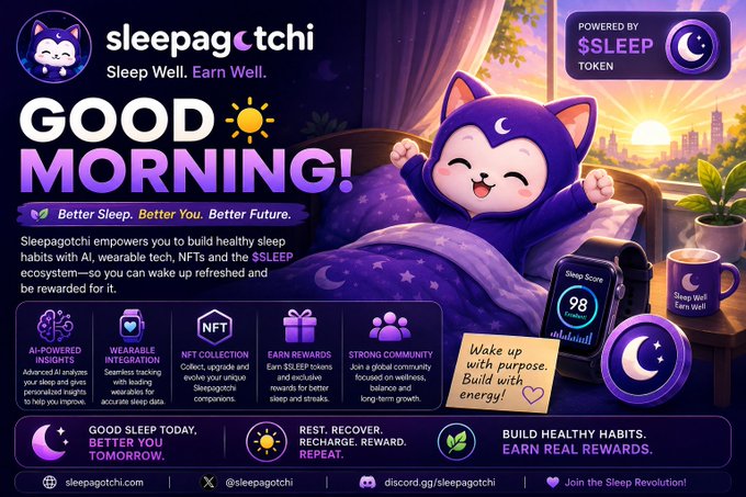 Advertisement for Sleepagotchi featuring a cute purple cat mascot in bed, promoting 'GOOD MORNING!' with features like AI-powered sleep insights, wearable integration, NFT collection, and rewards powered by $SLEEP token.