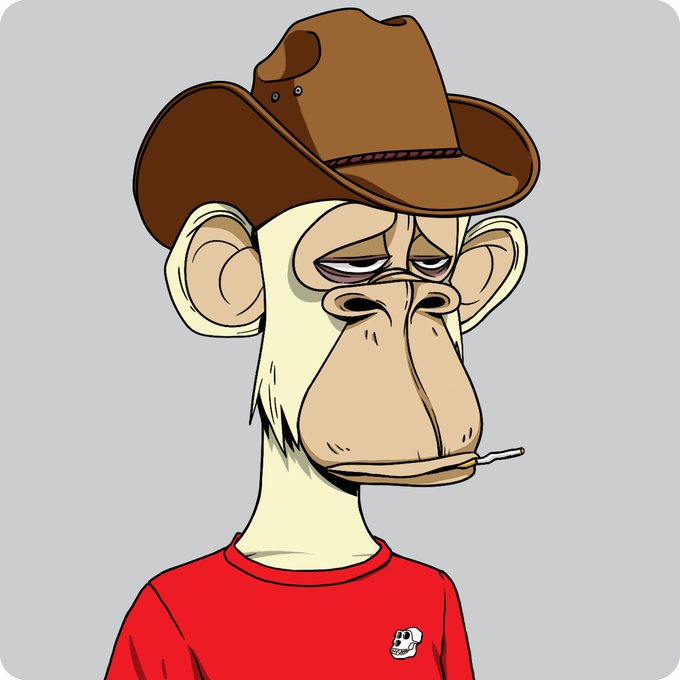 A cartoon illustration of a Bored Ape-style monkey character wearing a brown cowboy hat and a red shirt with a small skull logo.