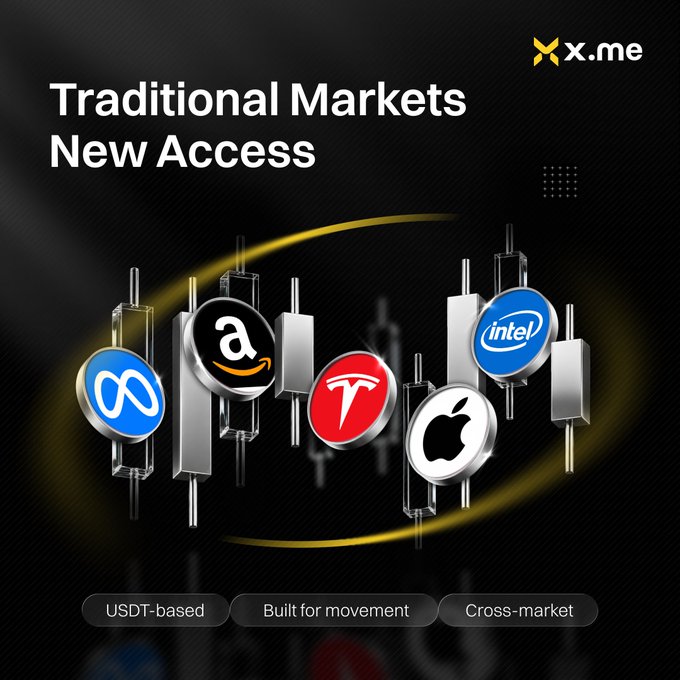An advertisement for x.me displays the headline "Traditional Markets New Access" alongside logos for Meta, Amazon, Tesla, Apple, and Intel, with tags like "USDT-based" and "Cross-market".