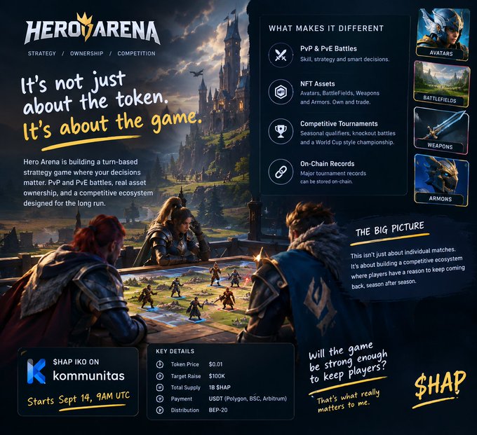 Promotional flyer for 'HERO ARENA,' a turn-based strategy game launching on Kommunitas on September 14 with token details listed.