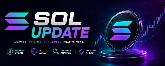 A sleek, futuristic graphic promotes a 'SOL UPDATE' with text reading 'MARKET INSIGHTS. KEY LEVELS. WHAT'S NEXT.' alongside icons for market updates, key levels, technical analysis, and looking ahead.