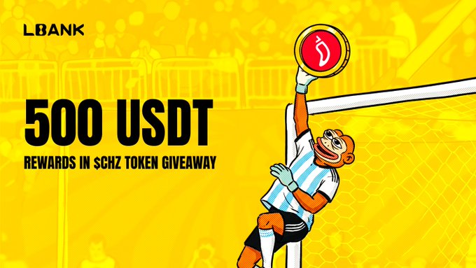 A promotional banner for LBank featuring a cartoon monkey soccer goalie reaching for a $CHZ token ball, advertising "500 USDT Rewards in $CHZ Token Giveaway" alongside the World Cup-themed $CHZ Carnival event.