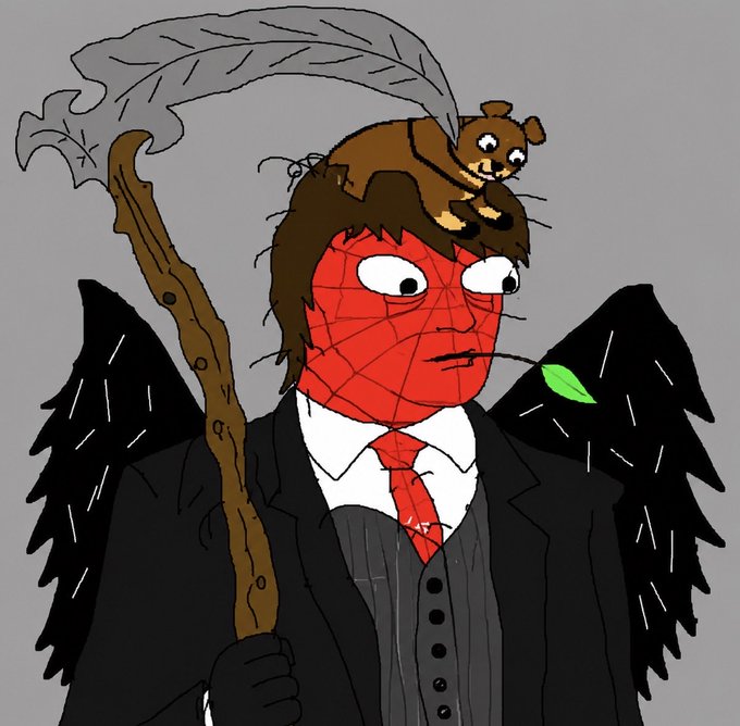 The image features a cartoon character dressed as a businessman with a suit and tie, holding a cane or staff. The character has wings and appears to be wearing a spiderman mask. The caption below the image reads "Good night Web3 Done for today, @Solgodsnfts".