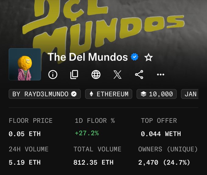The image shows a screenshot of a website called "DCL Mundos". It appears that the website has some information about Del Mundos, possibly related to their financial status or market trends. The text displayed on the screen reads "Del Mundos are back at 0.05 Eth." This suggests that the post is likely discussing the recent news and updates regarding Del Mundos' activities in the cryptocurrency world.