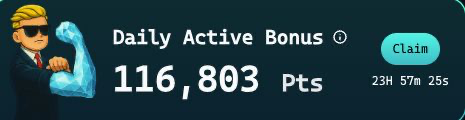 A dark-themed 'Daily Active Bonus' banner featuring a flexing cartoon character with sunglasses, displaying 116,803 Pts with a 'Claim' button and a countdown timer of 23H 57m 25s.