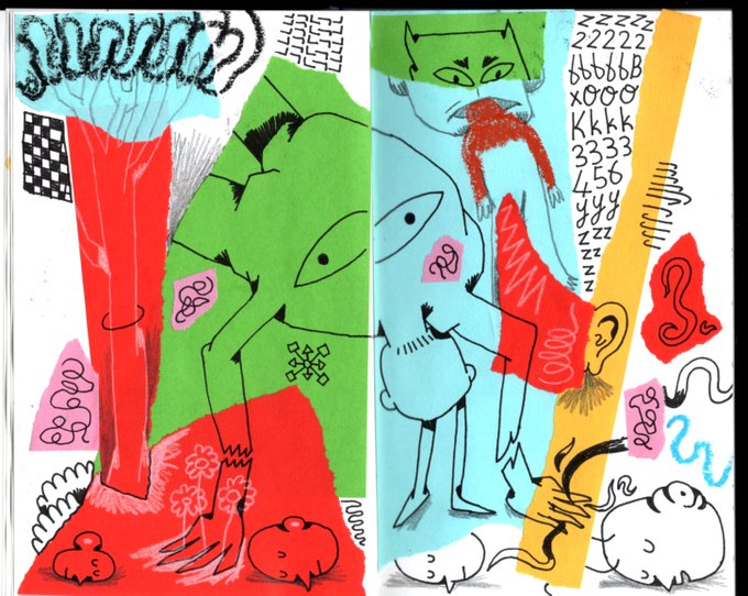 A colorful, abstract illustration featuring stylized faces, birds, plants, an ear, and letters of the alphabet arranged in vertical panels.