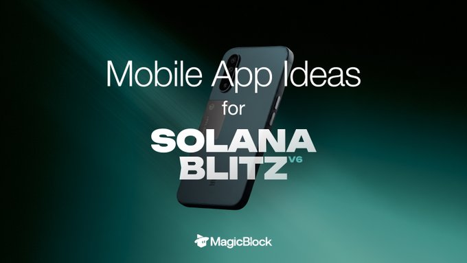 A smartphone displayed against a teal gradient background features the text "Mobile App Ideas for SOLANA BLITZ v6" with the MagicBlock logo at the bottom, promoting inspiration for the Solana Blitz v6 hackathon.