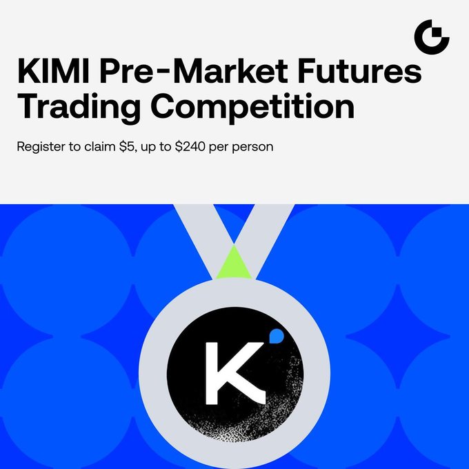 Promotional graphic for Gate.io's KIMI Pre-Market Futures Trading Competition, featuring a medal with the letter "K" on a blue geometric background, advertising rewards up to $240 per person from a 50,000 USDT prize pool. The medal imagery visually reinforces the competitive, prize-winning nature of the trading event described in the post.