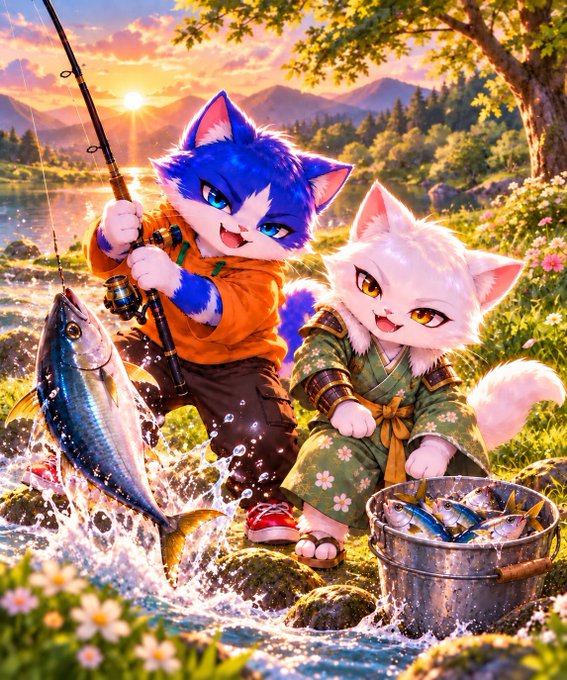 Anime-style artwork depicting two anthropomorphic cats—one blue and one white in a floral kimono—fishing at a river during sunset, with one holding a large tuna and a bucket of smaller fish.