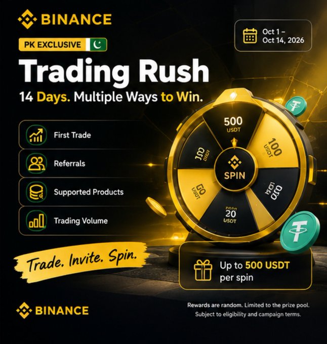 A Binance 'PK EXCLUSIVE' Trading Rush promotional graphic running October 1 - October 14, 2026, featuring a spin wheel with USDT prizes up to 500 USDT per spin.