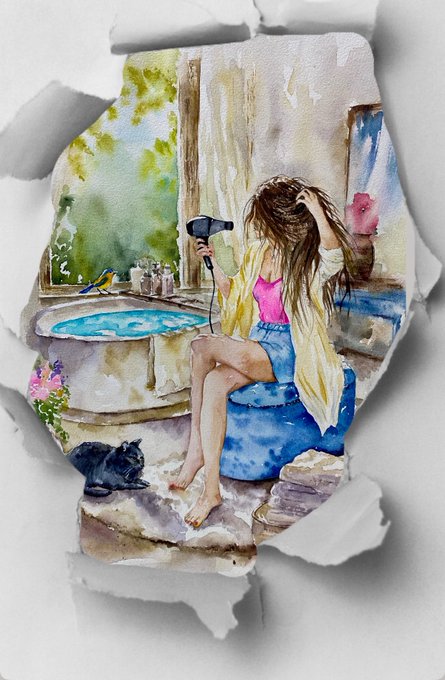 A watercolor painting of a woman sitting in a bathtub drying her hair with a hairdryer, painted as if on a torn piece of paper with a small black dog in the foreground.