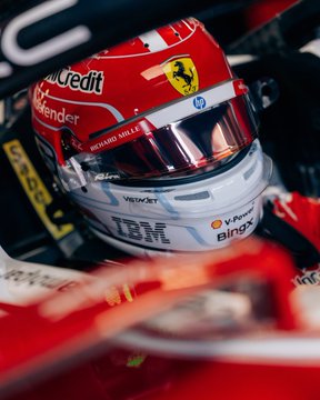 A driver in a Ferrari helmet featuring sponsor logos including Santander, IBM, Velas, and Bitdefender, along with the text "RICHARD MILLE" and "90," sits in a red race car cockpit, fitting the post's "Practice day in Baku" reference for BingX's partnership with Scuderia Ferrari.