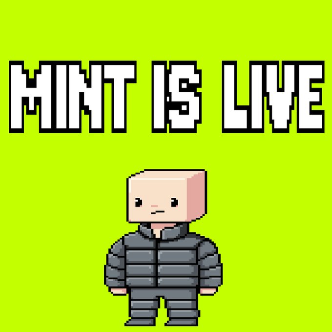 A pixel art character with a block-shaped head wearing a gray puffer jacket stands below the bold text "MINT IS LIVE" on a bright green background, promoting the launch of the "Noobs" NFT collection on OpenSea.