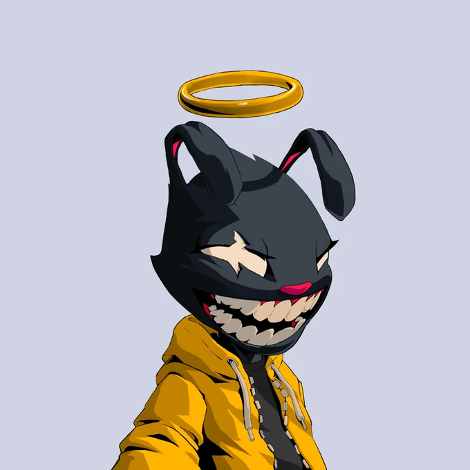 A digital illustration of a creepy black bunny-headed character wearing a yellow hoodie with a golden halo floating above its head.