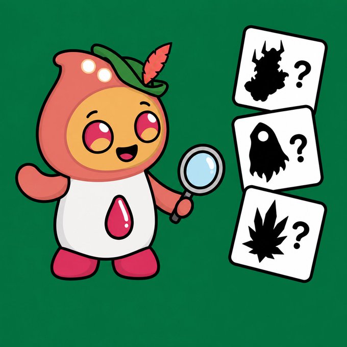 A cute cartoon character in a peach-colored hood with a green leaf holds a magnifying glass next to three cards displaying silhouettes of a castle, a ghost, and a leaf, each with a question mark.