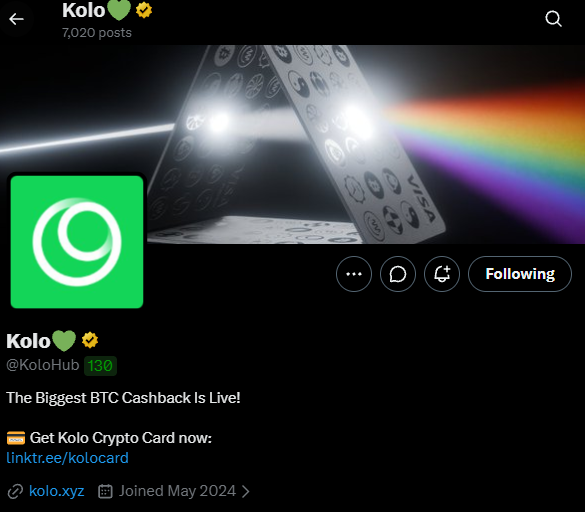 The image shows a social media post that contains information about a new cryptocurrency called Kolo, which is being promoted by a company named Kolo Hub. The post features an image of a triangle with a rainbow background behind it, accompanied by the caption "The Bitcoin Cashback is live!". It also mentions the Kolo Hashcash Card and how to get one. The user's profile is visible in the top right corner of the screen, providing additional information about them along with a list of followers.