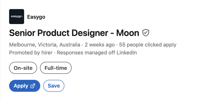 A LinkedIn job posting for a Senior Product Designer position at Easygo's "Moon" platform, located in Melbourne, Victoria, Australia, posted 2 weeks ago with 55 applicants. The image supports the accompanying text's claim by showing a verified LinkedIn listing that confirms Moon as an Easygo product, lending credibility to the allegations about the company's owners and their past controversial practices.