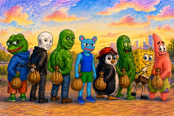 A colorful illustration showing various internet meme and pop culture characters (including Pepe, Wojak, Doge, SpongeBob, and Patrick) standing together holding bags with the Dogecoin 'Ð' symbol, with a city skyline at sunset behind them.
