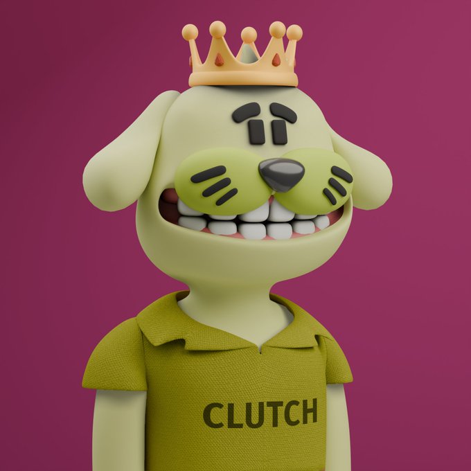 A 3D-rendered cartoon character of a smiling dog wearing a yellow-green polo shirt labeled 'CLUTCH' and a small orange crown, set against a magenta background.